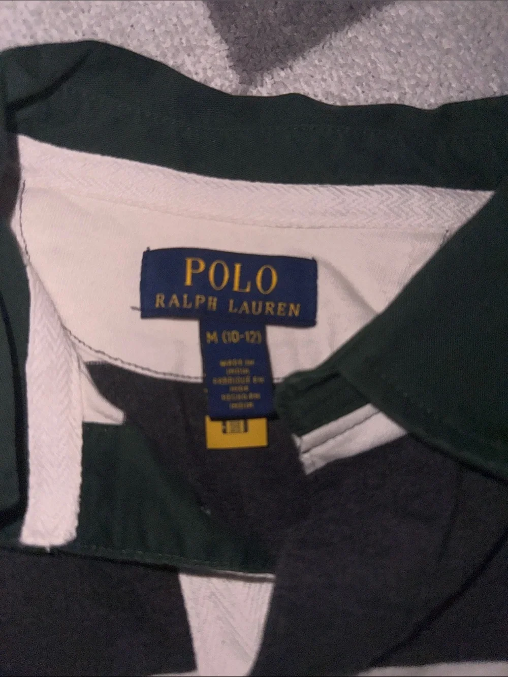 Polo by Ralph Lauren Black & White Striped Rugby with Green Collar- Youth Medium